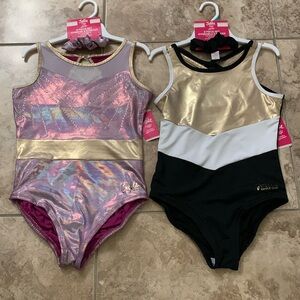 Justice NEW 12-14 - 2 bodysuits Gold, Black pink dance gym gymnastics scrunchie